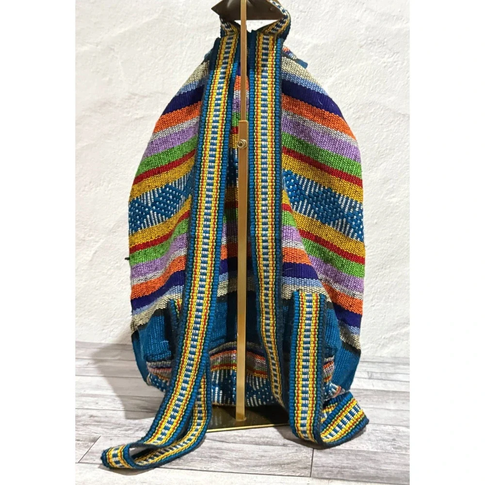 Artesanias Pinzon Woven Drawstring Boho Hippie Bag Beach Backpack Blue Orange